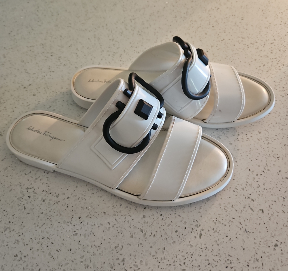 Salvatore Ferragamo White Slide Sandals with Black Accents